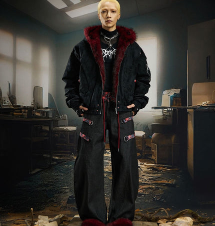 TALKLESSFASHION Heavy fourth-generation mountain carving cotton suit men's red fur collar American retro PU lint jacket plush thickened warm jacket