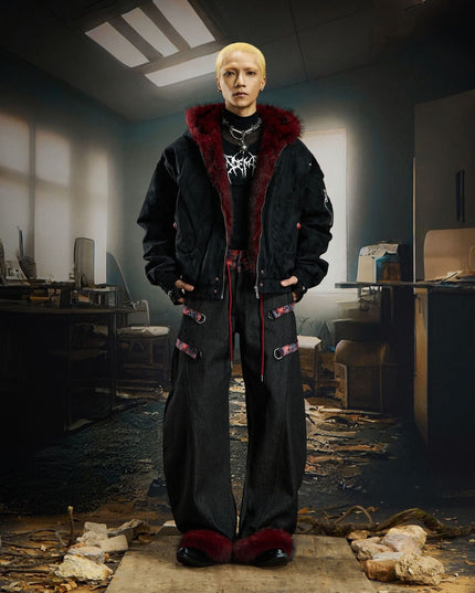 TALKLESSFASHION Heavy fourth-generation mountain carving cotton suit men's red fur collar American retro PU lint jacket plush thickened warm jacket