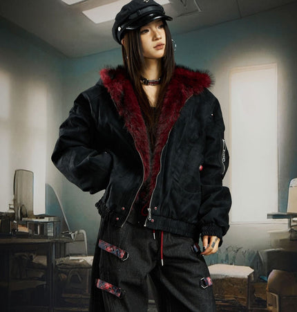 TALKLESSFASHION Heavy fourth-generation mountain carving cotton suit men's red fur collar American retro PU lint jacket plush thickened warm jacket