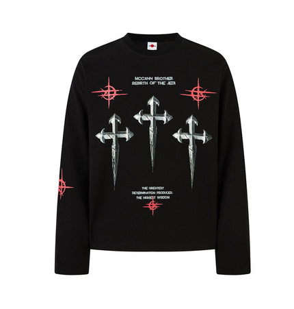 TALKLESSFASHION Hip-Hop Dark Cross Graphic Long Sleeve Tee