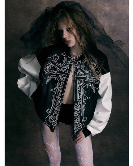 TALKLESSFASHION Jiaqing Varsity Jacket Halloween cross embroidered vintage patchwork leather jacket baseball jacket