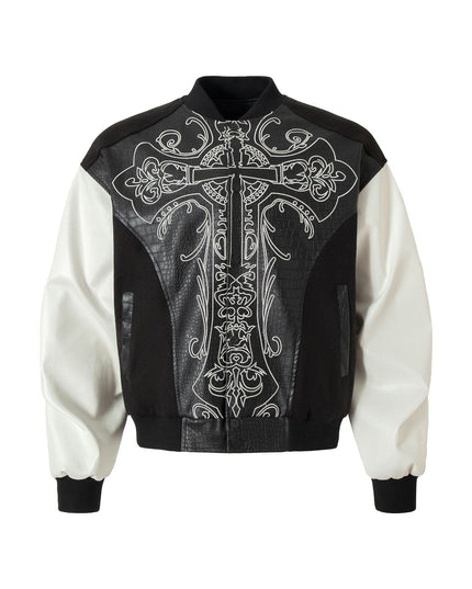 TALKLESSFASHION Jiaqing Varsity Jacket Halloween cross embroidered vintage patchwork leather jacket baseball jacket