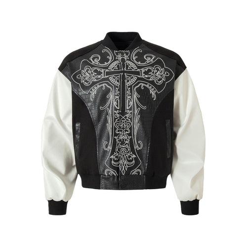 THETLSTUDIO Jiaqing Varsity Jacket Halloween cross embroidered vintage patchwork leather jacket baseball jacket