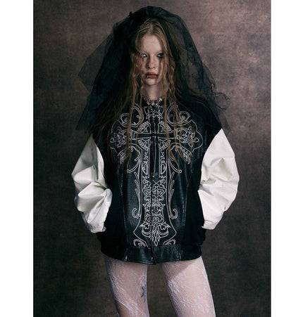 TALKLESSFASHION Jiaqing Varsity Jacket Halloween cross embroidered vintage patchwork leather jacket baseball jacket