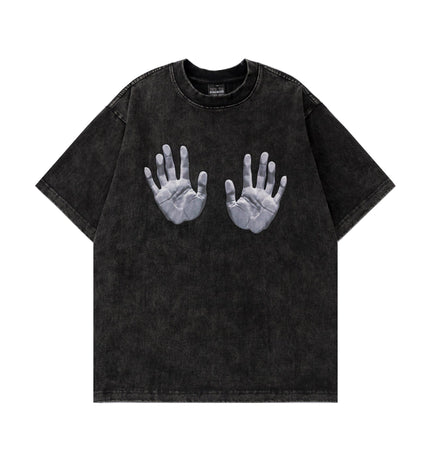 TALKLESSFASHION Jiaqlo men's 2025 spring and summer new American street fashion brand wash worn-out hand print short sleeve T-shirt men