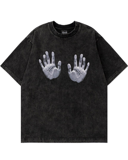 TALKLESSFASHION Jiaqlo men's 2025 spring and summer new American street fashion brand wash worn-out hand print short sleeve T-shirt men
