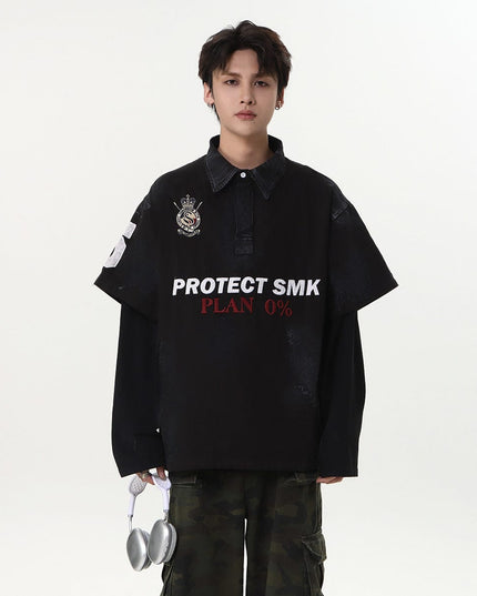 TALKLESSFASHION Jiaqlo Men's Fall and Winter 2025 new wasteland style American jersey fake two heavy embroidered polo collar sweatshirts