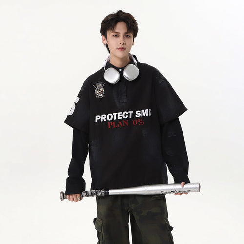 THETLSTUDIO Jiaqlo Men's Fall and Winter 2025 new wasteland style American jersey fake two heavy embroidered polo collar sweatshirts