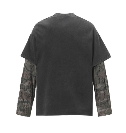 TALKLESSFASHION Jiayiku Men's 2026 New American Street Trendy Brand Fake Two Washed Damaged and Eroded Washed T-Shirt Long Sleeves