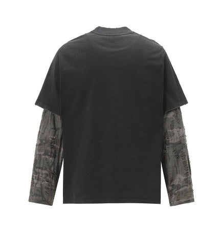 TALKLESSFASHION Jiayiku Men's 2026 New American Street Trendy Brand Fake Two Washed Damaged and Eroded Washed T-Shirt Long Sleeves