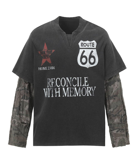 TALKLESSFASHION Jiayiku Men's 2026 New American Street Trendy Brand Fake Two Washed Damaged and Eroded Washed T-Shirt Long Sleeves