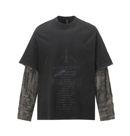 TALKLESSFASHION Jiayiku Men's 2026 New American Street Trendy Brand Fake Two Washed Damaged and Eroded Washed T-Shirt Long Sleeves