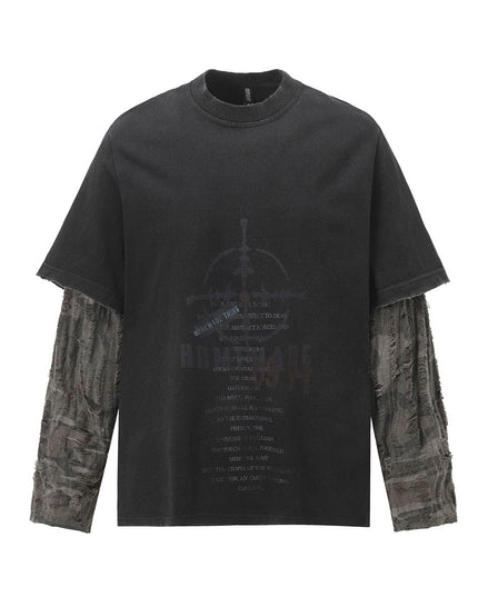 TALKLESSFASHION Jiayiku Men's 2026 New American Street Trendy Brand Fake Two Washed Damaged and Eroded Washed T-Shirt Long Sleeves