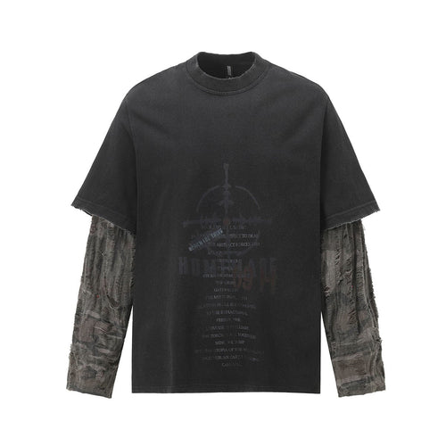 THETLSTUDIO Jiayiku Men's 2026 New American Street Trendy Brand Fake Two Washed Damaged and Eroded Washed T-Shirt Long Sleeves