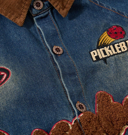 TALKLESSFASHION Jiayiku Men's Spring 2026 New American Campus Style Retro Washed Denim Shirt National Tide Embroidered Shirt