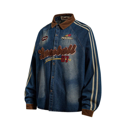TALKLESSFASHION Jiayiku Men's Spring 2026 New American Campus Style Retro Washed Denim Shirt National Tide Embroidered Shirt