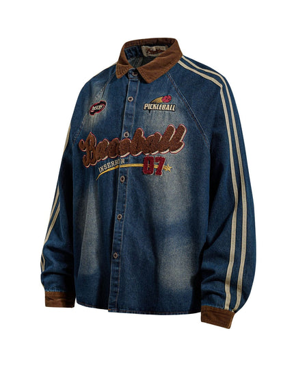 TALKLESSFASHION Jiayiku Men's Spring 2026 New American Campus Style Retro Washed Denim Shirt National Tide Embroidered Shirt