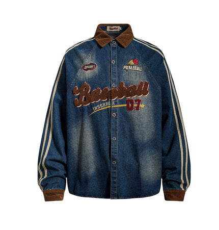 TALKLESSFASHION Jiayiku Men's Spring 2026 New American Campus Style Retro Washed Denim Shirt National Tide Embroidered Shirt