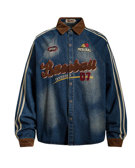 TALKLESSFASHION Jiayiku Men's Spring 2026 New American Campus Style Retro Washed Denim Shirt National Tide Embroidered Shirt