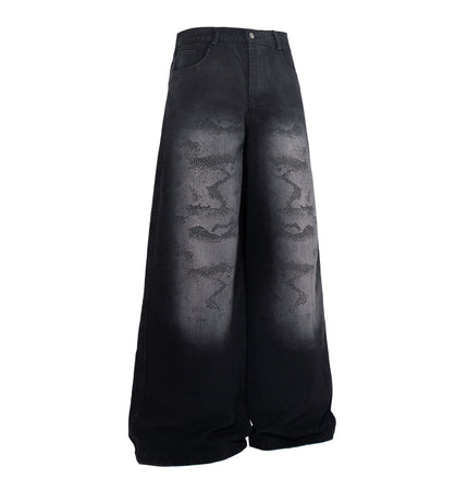 TALKLESSFASHION Jiayiku's 2026 new arrivals, American high street RO style, heavy washed wide-leg jeans, loose python pattern floor-length pants