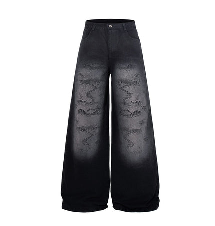 TALKLESSFASHION Jiayiku's 2026 new arrivals, American high street RO style, heavy washed wide-leg jeans, loose python pattern floor-length pants