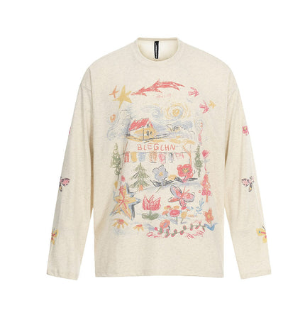 TALKLESSFASHION Jiayiku's 2026 spring/summer new printed T-shirt long-sleeved American trendy brand personalized graffiti color sports base shirt