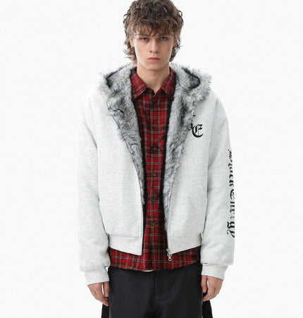 TALKLESSFASHION Jiayiku trendy brand 2025 winter new American mountain carved fur collar cotton jacket fleece sweatshirt jacket hooded cotton jacket