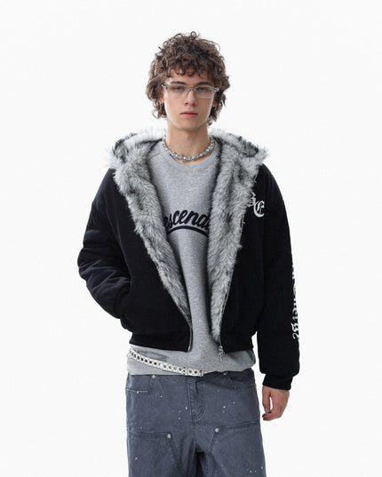 TALKLESSFASHION Jiayiku trendy brand 2025 winter new American mountain carved fur collar cotton jacket fleece sweatshirt jacket hooded cotton jacket