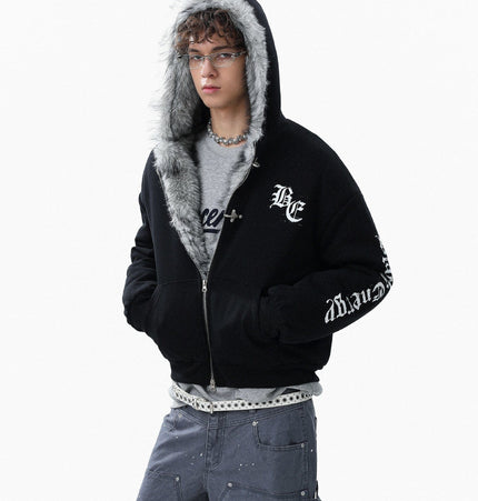 TALKLESSFASHION Jiayiku trendy brand 2025 winter new American mountain carved fur collar cotton jacket fleece sweatshirt jacket hooded cotton jacket
