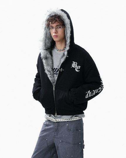 TALKLESSFASHION Jiayiku trendy brand 2025 winter new American mountain carved fur collar cotton jacket fleece sweatshirt jacket hooded cotton jacket