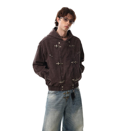 TALKLESSFASHION Jiayiku trendy brand 2026 new American retro heavy wash old denim jacket airplane buckle jacket locomotive