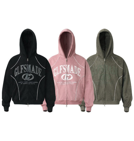 TALKLESSFASHION JW302 American Trend Suede Suede Vintage Structure Printed Design Short and Wide Men's Hooded Cardigan Sweatshirt