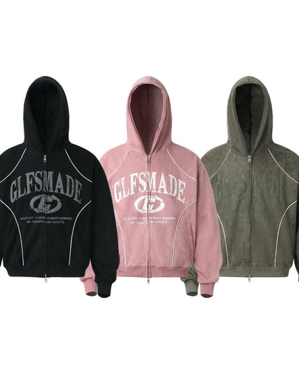 TALKLESSFASHION JW302 American Trend Suede Suede Vintage Structure Printed Design Short and Wide Men's Hooded Cardigan Sweatshirt