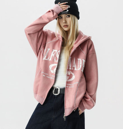 TALKLESSFASHION JW302 American Trend Suede Suede Vintage Structure Printed Design Short and Wide Men's Hooded Cardigan Sweatshirt