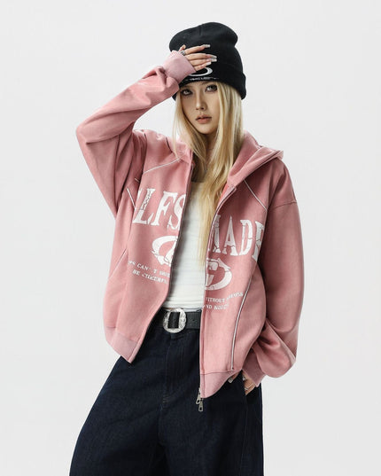 TALKLESSFASHION JW302 American Trend Suede Suede Vintage Structure Printed Design Short and Wide Men's Hooded Cardigan Sweatshirt