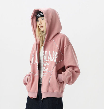 TALKLESSFASHION JW302 American Trend Suede Suede Vintage Structure Printed Design Short and Wide Men's Hooded Cardigan Sweatshirt