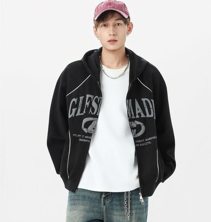TALKLESSFASHION JW302 American Trend Suede Suede Vintage Structure Printed Design Short and Wide Men's Hooded Cardigan Sweatshirt