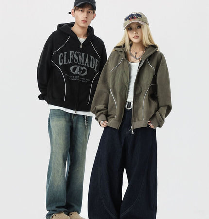 TALKLESSFASHION JW302 American Trend Suede Suede Vintage Structure Printed Design Short and Wide Men's Hooded Cardigan Sweatshirt