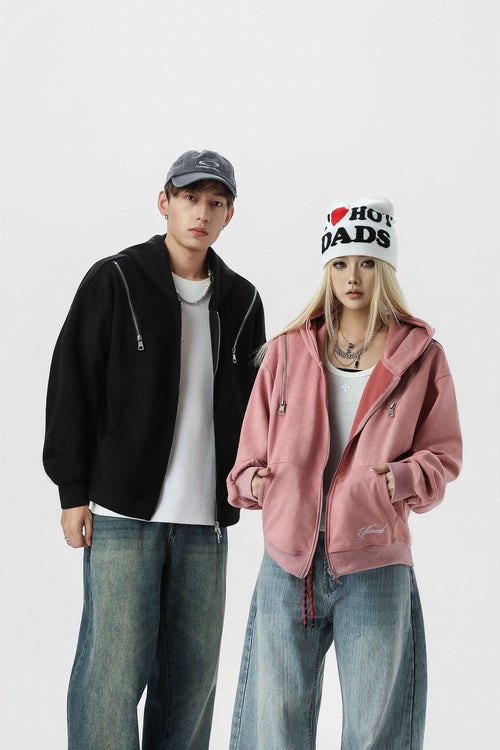THETLSTUDIO JW303 American Trend Suede Suede Vintage Structure Zipper Design Short and Wide Men's Hooded Cardigan Sweatshirt