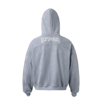 TALKLESSFASHION JW305 American Trend Suede Vintage Structure Embroidery Pattern Design Short and Wide Men's Hooded Cardigan Sweatshirt