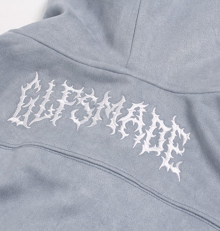 TALKLESSFASHION JW305 American Trend Suede Vintage Structure Embroidery Pattern Design Short and Wide Men's Hooded Cardigan Sweatshirt