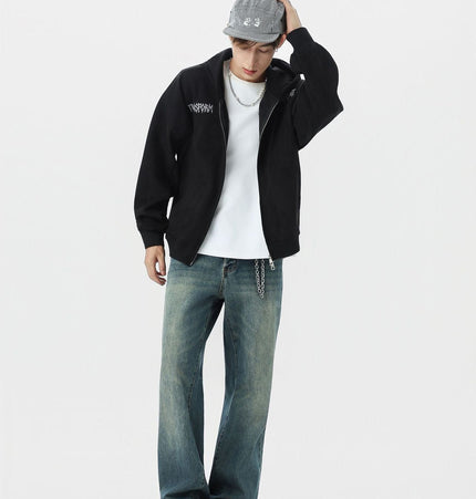 TALKLESSFASHION JW305 American Trend Suede Vintage Structure Embroidery Pattern Design Short and Wide Men's Hooded Cardigan Sweatshirt