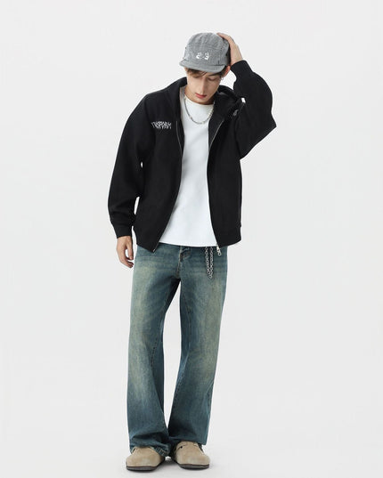 TALKLESSFASHION JW305 American Trend Suede Vintage Structure Embroidery Pattern Design Short and Wide Men's Hooded Cardigan Sweatshirt