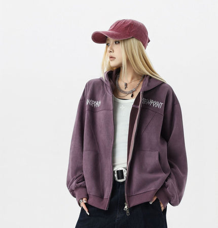 TALKLESSFASHION JW305 American Trend Suede Vintage Structure Embroidery Pattern Design Short and Wide Men's Hooded Cardigan Sweatshirt