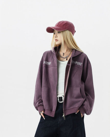 TALKLESSFASHION JW305 American Trend Suede Vintage Structure Embroidery Pattern Design Short and Wide Men's Hooded Cardigan Sweatshirt