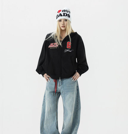TALKLESSFASHION JW308 American Trend Suede Vintage Structure Embroidery Drawing Design Short and Wide Men's Hooded Cardigan Sweatshirt