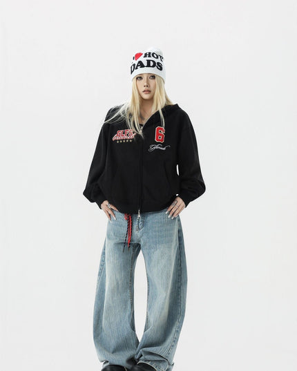 TALKLESSFASHION JW308 American Trend Suede Vintage Structure Embroidery Drawing Design Short and Wide Men's Hooded Cardigan Sweatshirt