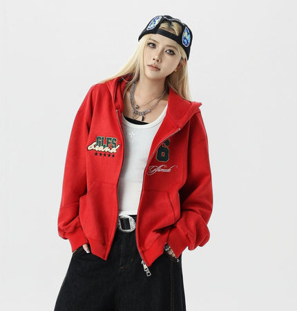 TALKLESSFASHION JW308 American Trend Suede Vintage Structure Embroidery Drawing Design Short and Wide Men's Hooded Cardigan Sweatshirt