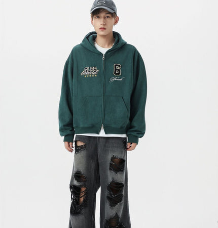 TALKLESSFASHION JW308 American Trend Suede Vintage Structure Embroidery Drawing Design Short and Wide Men's Hooded Cardigan Sweatshirt