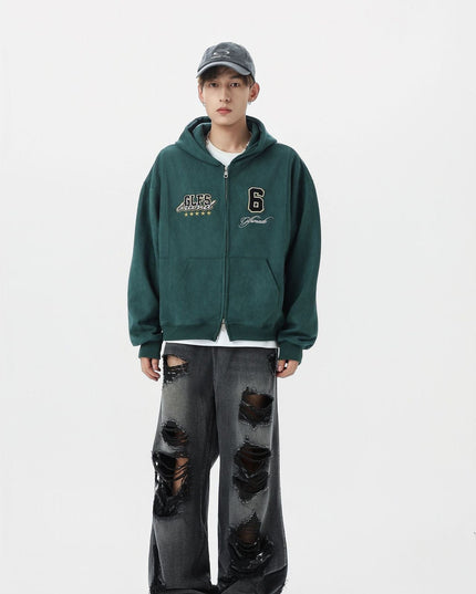 TALKLESSFASHION JW308 American Trend Suede Vintage Structure Embroidery Drawing Design Short and Wide Men's Hooded Cardigan Sweatshirt